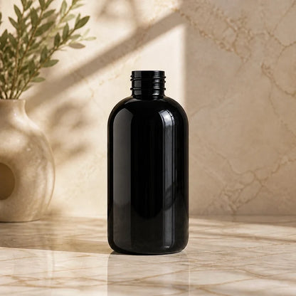 Bouteille ronde Boston noire de 360 ml en PET (24-410) avec Distributeur de lotion à pompe noir avec verrouillage et tuyau de 9 cm (24-410) - Idéal pour flacon de 360 ml