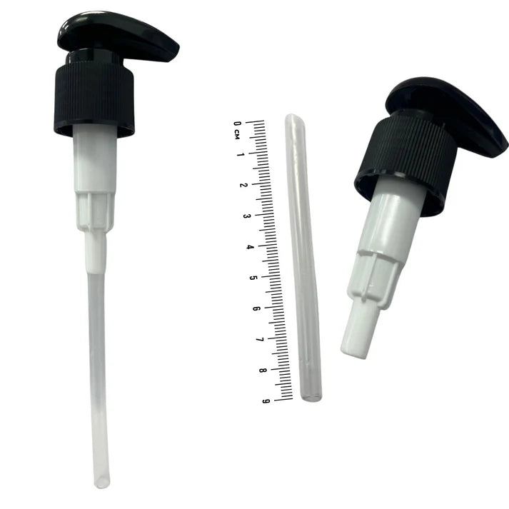 Bouteille ronde Boston noire de 360 ml en PET (24-410) avec Distributeur de lotion à pompe noir avec verrouillage et tuyau de 9 cm (24-410) - Idéal pour flacon de 360 ml